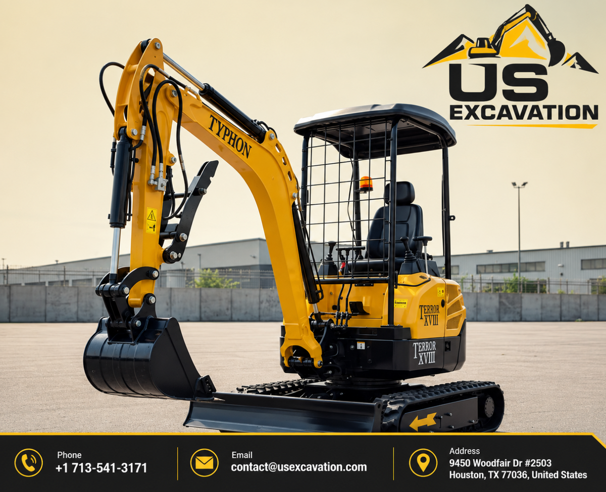Yellow and black TYRON X2000 excavator photographed outdoors on a paved lot, with a US Excavation logo in the top right and contact information banner along the bottom.